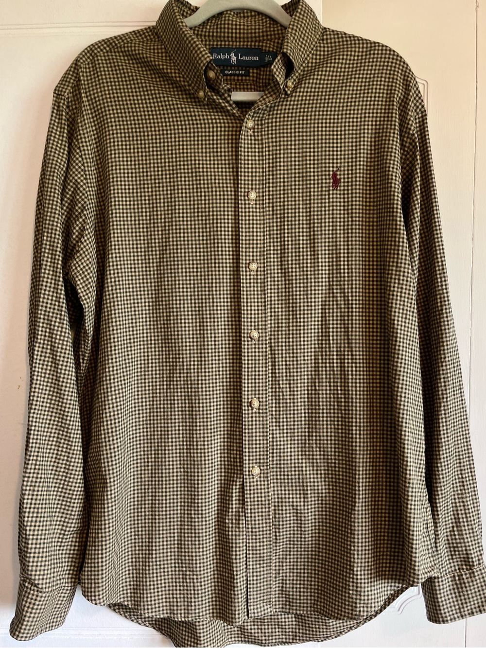 Ralph Lauren Men's L Khaki Green Checked Long Sleeve Button Down Burgundy Pony